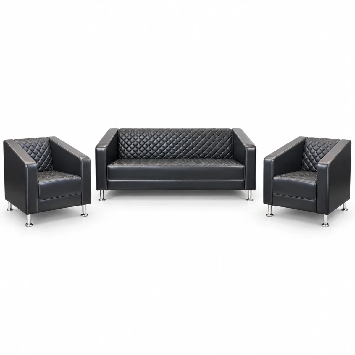 black-quilted-office-reception-set طقم استقبال مكتب جلد أسود مبطن يضم كنبة وكرسيين بتصميم مودرن