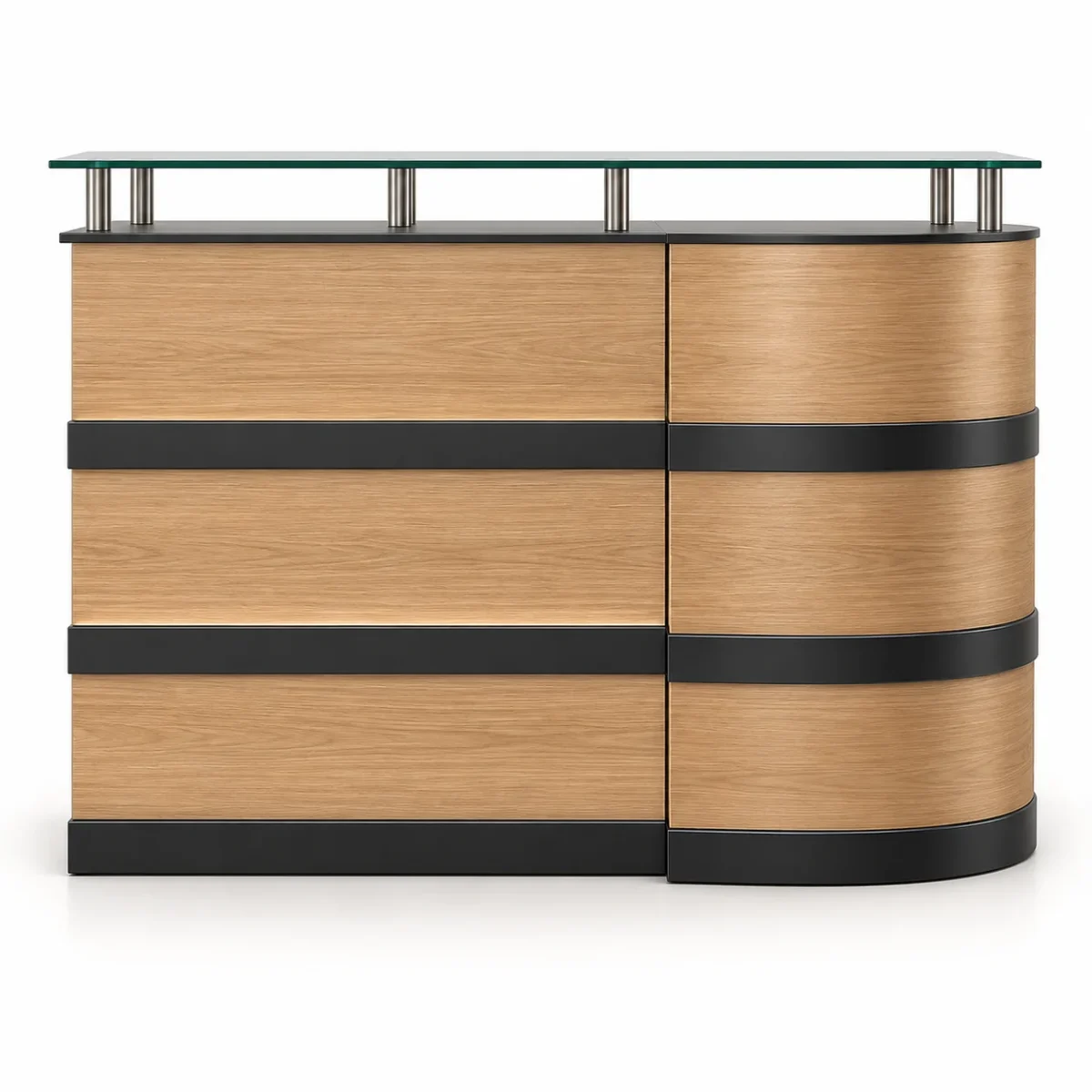 elegant-wooden-reception-counter-glass-top كاونتر استقبال خشبي أنيق بسطح زجاجي وتصميم مودرن