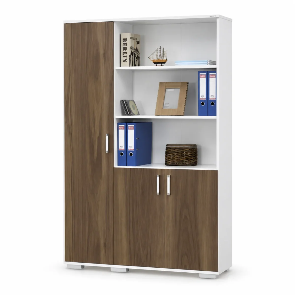 maktabat-melafat-wood-white-modern مكتبة ملفات خشبية عصرية باللونين الأبيض والبني مع أرفف مفتوحة ووحدات تخزين عملية