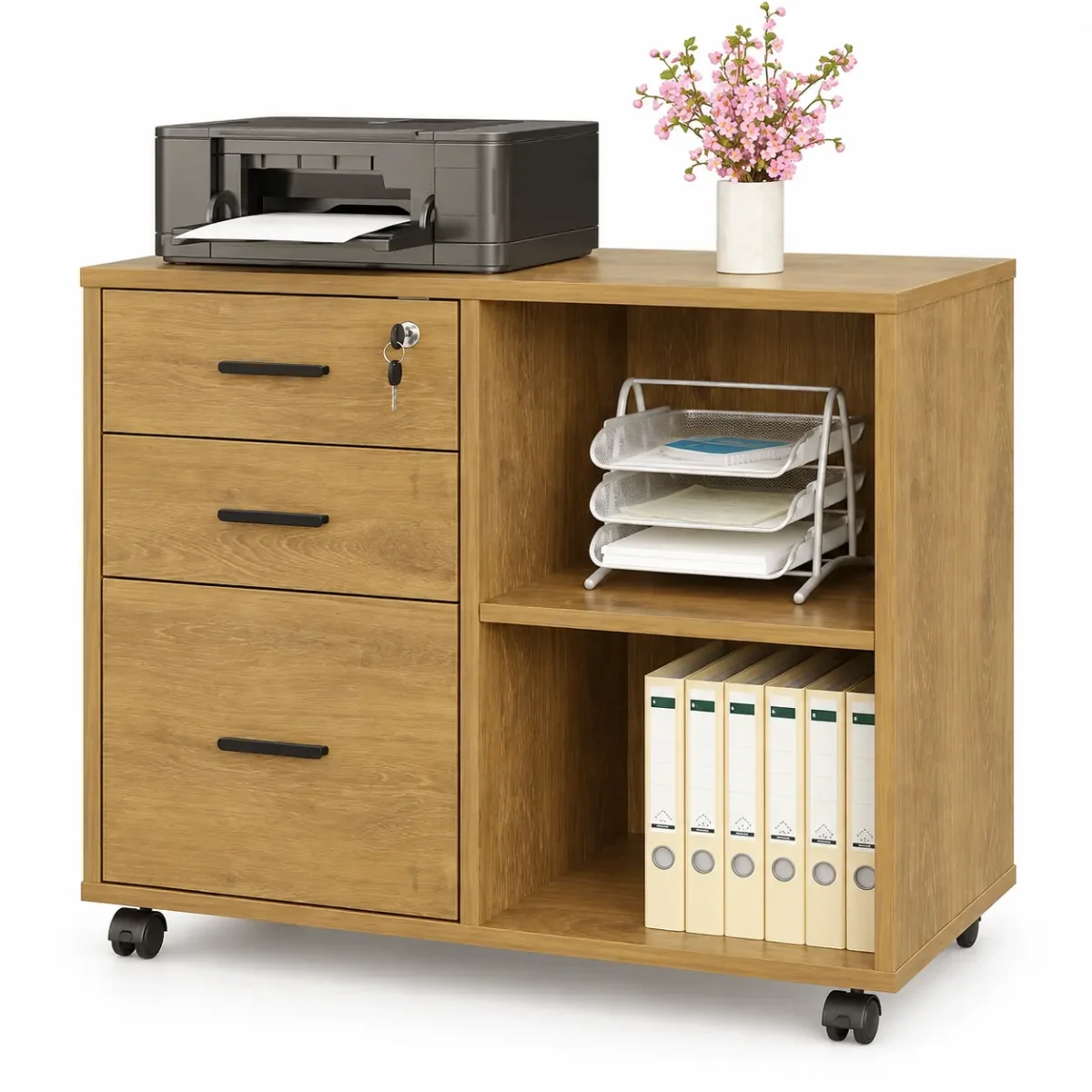 office-file-cabinet-with-printer.webp دولاب ملفات مكتبي خشبي متحرك مع أدراج وأرفف تخزين ومساحة للطابعة