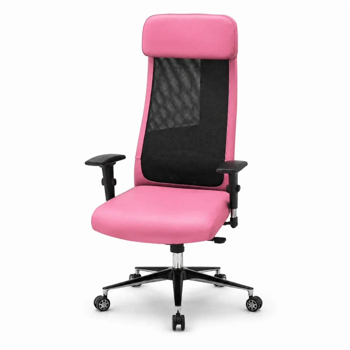 pink-mesh-office-chair كرسي مكتب بينك بظهر شبكي أسود ومسند رأس وقاعدة بعجلات