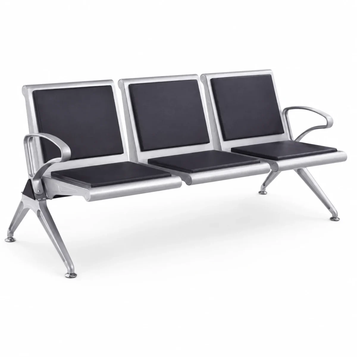 three-seat-metal-waiting-bench-black-padding مقعد انتظار معدني بثلاثة مقاعد مبطنة باللون الأسود ومساند جانبية