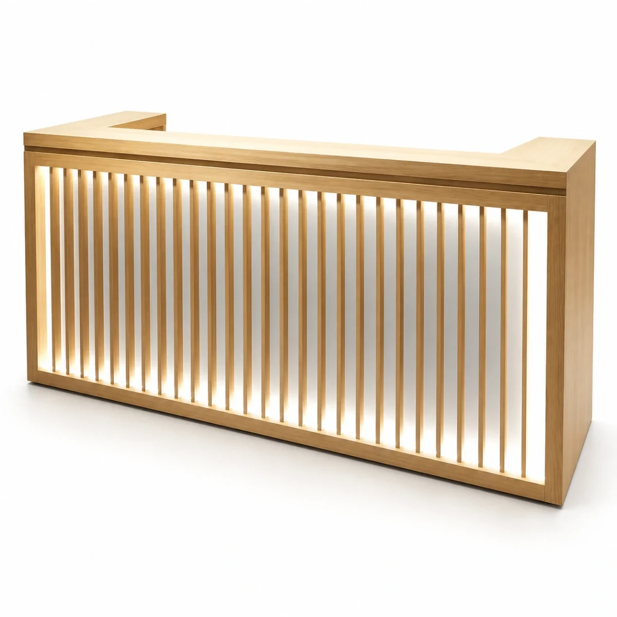 wooden-reception-counter-hidden-lighting كاونتر استقبال خشبي بإضاءة خفية بتصميم عصري وأنيق